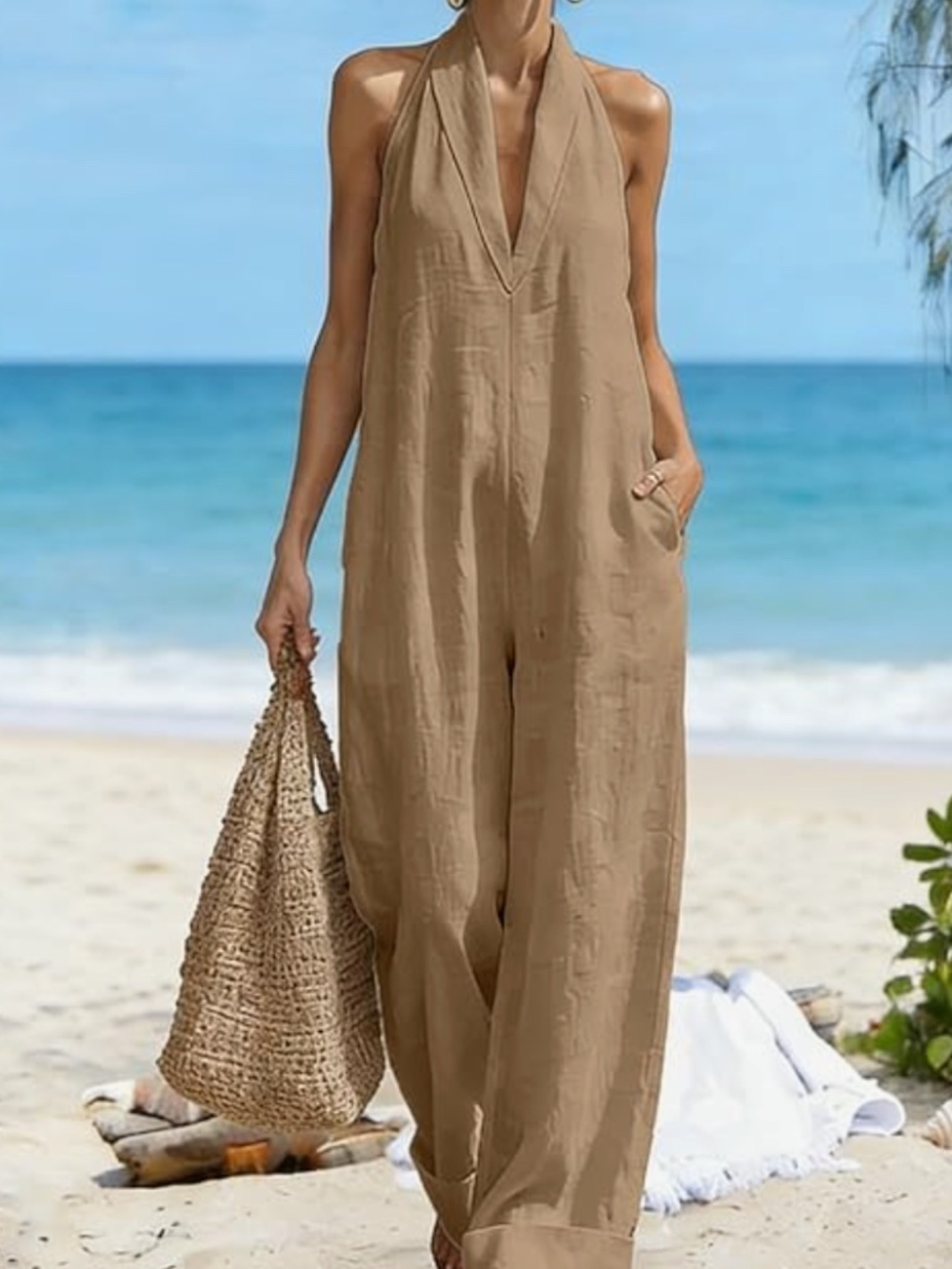 Casual Full Length Jumpsuit. Linen Blend Halter Wide Leg. Halter Neck Sleeveles. - Picture 4 of 7